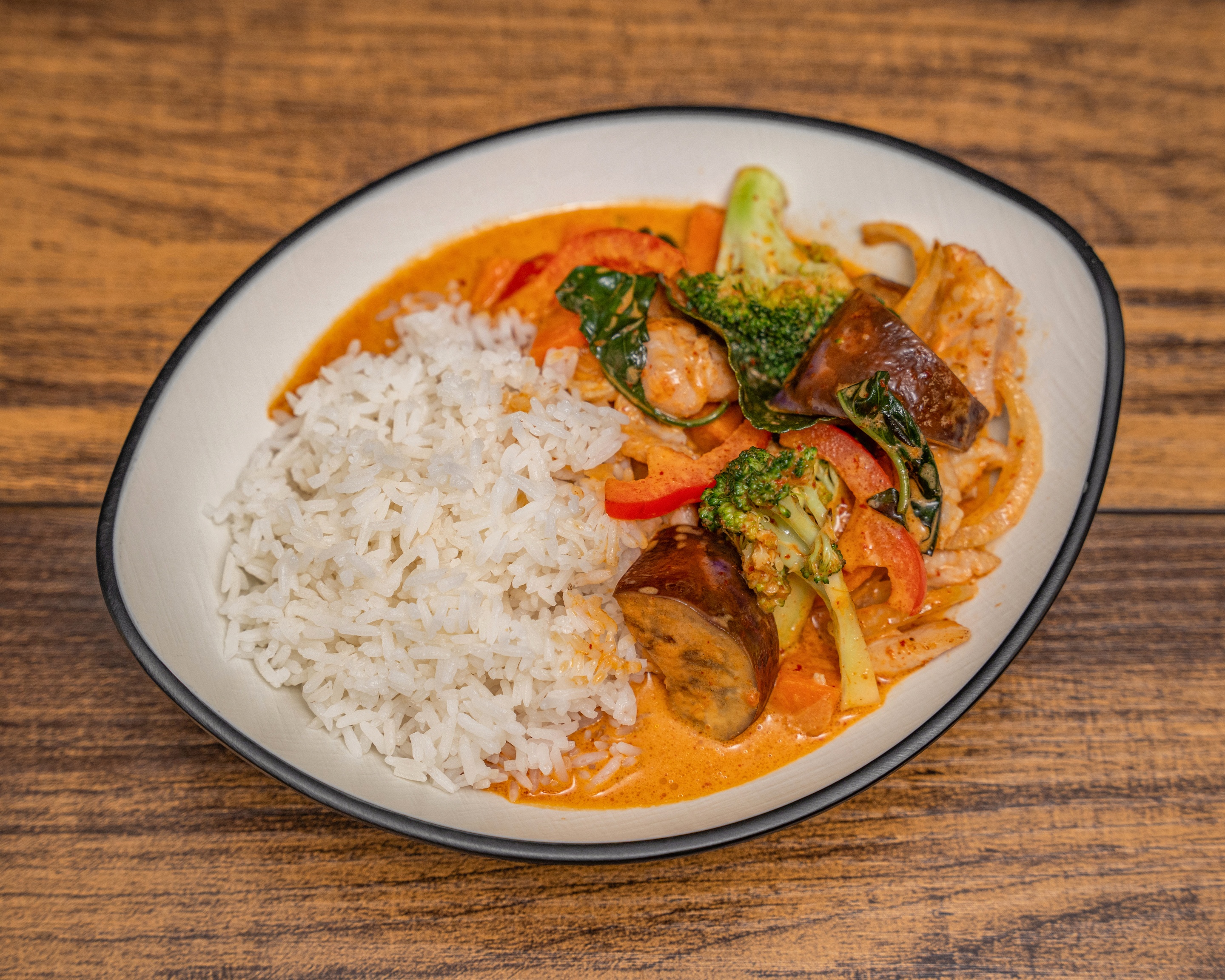 Red curry with jasmine rice and vegetables
